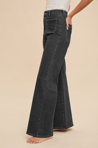 FRONT TWO POCKET STRETCH WIDE LEG DENIM JEANS - (BLACK)