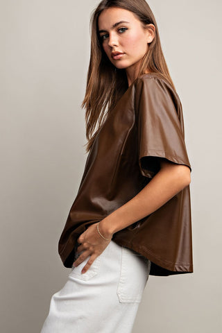 LEATHER SHORT SLEEVE TOP (BROWN)