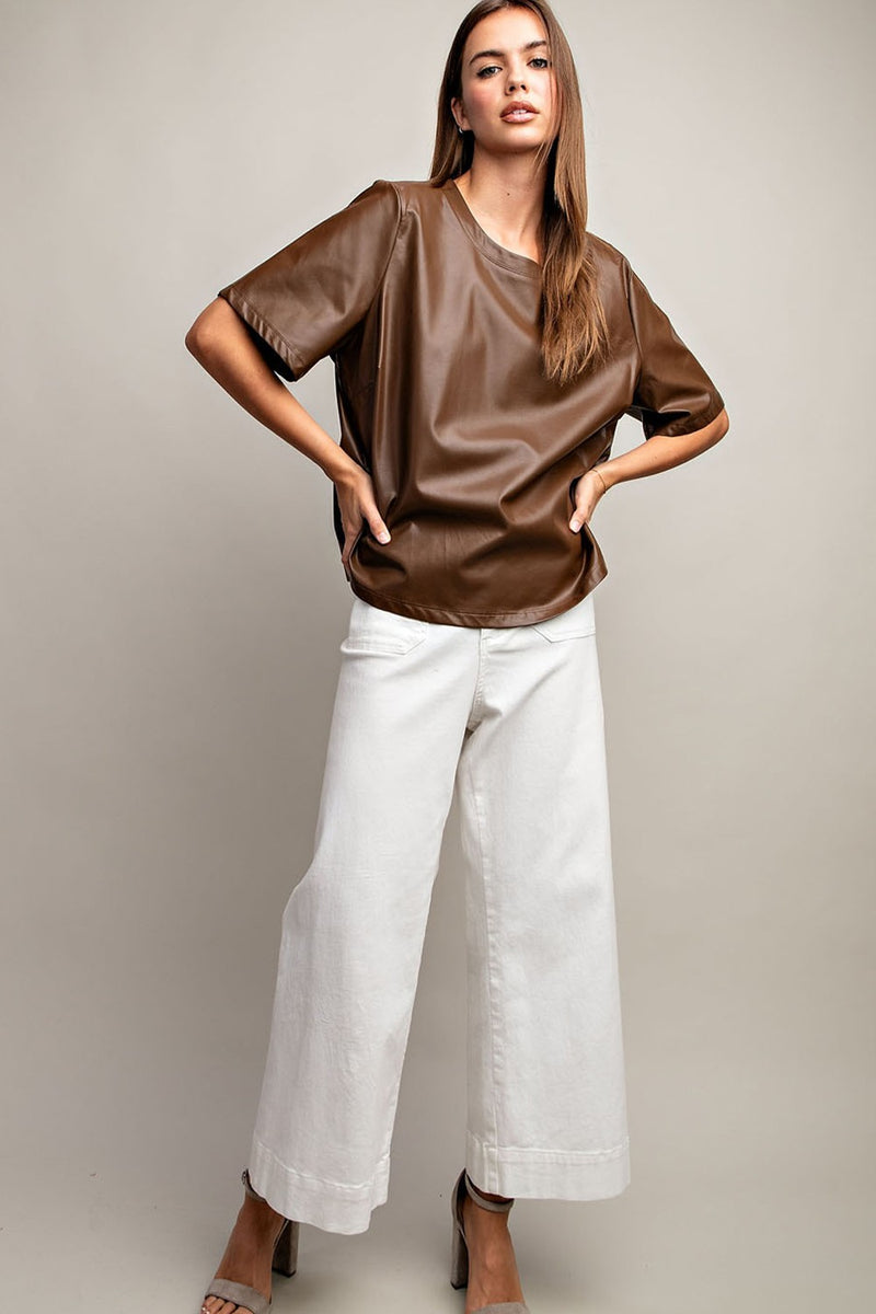 LEATHER SHORT SLEEVE TOP (BROWN)