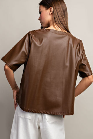 LEATHER SHORT SLEEVE TOP (BROWN)