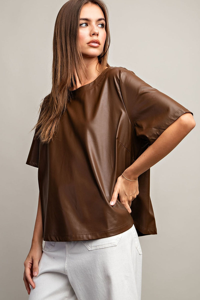 LEATHER SHORT SLEEVE TOP (BROWN)
