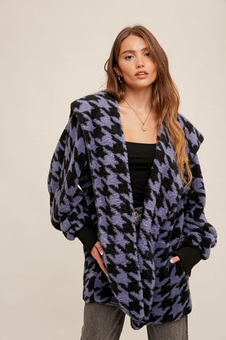 SOFT AND COZY HOUNDSTOOTH HOODIE SHERPA JACKET