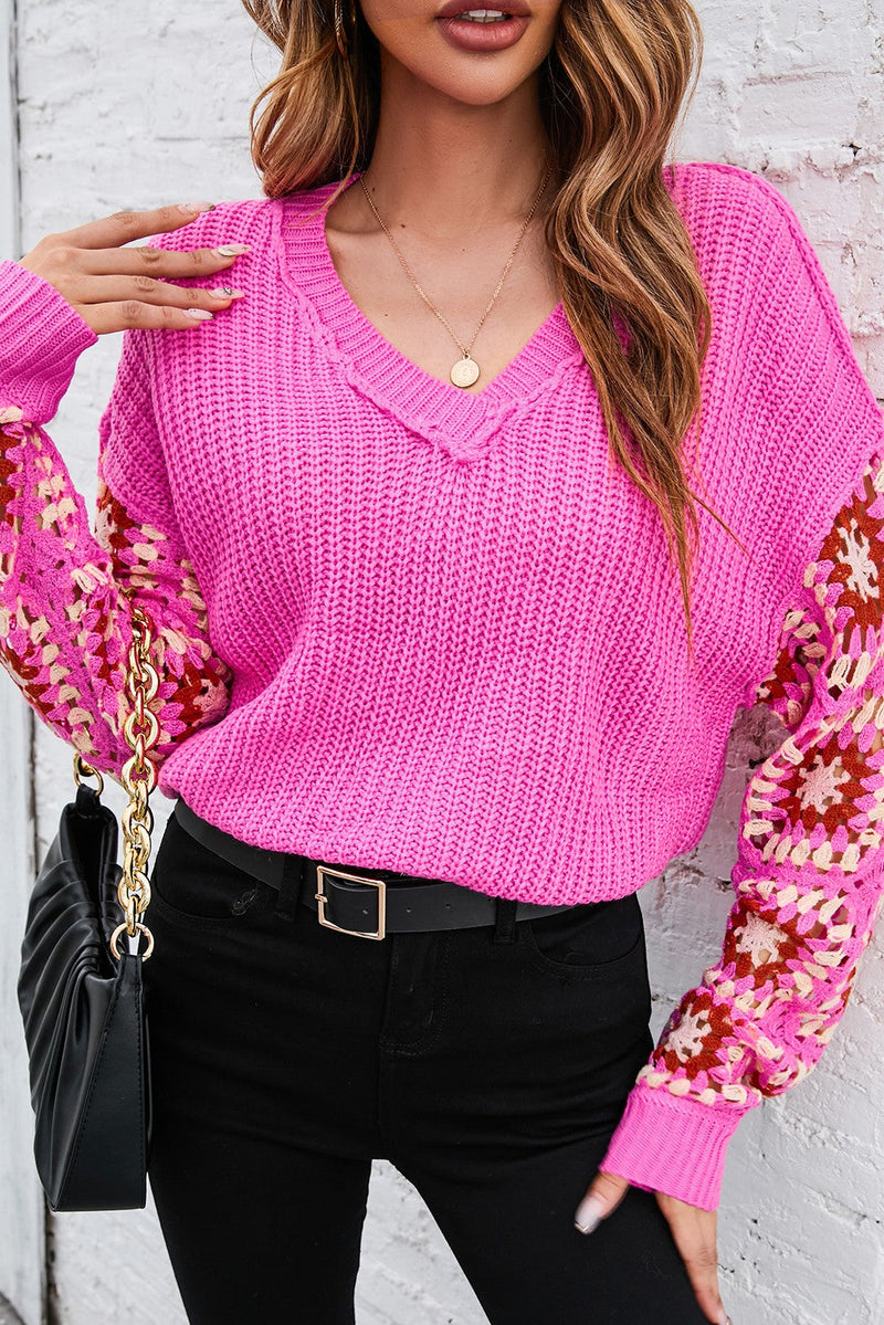 Floral Crochet Cable Knit V Neck Sweater