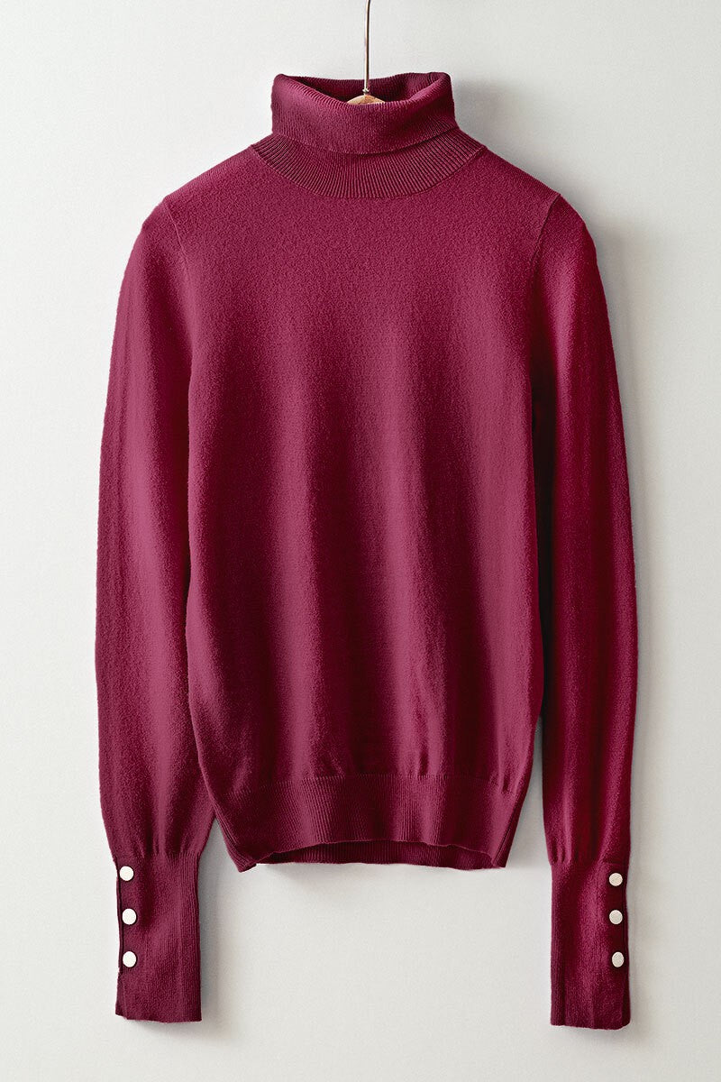 SOFT KNIT STUDDED SLEEVE DETAIL TURTLE NECK TOP (CHERRY STONE)