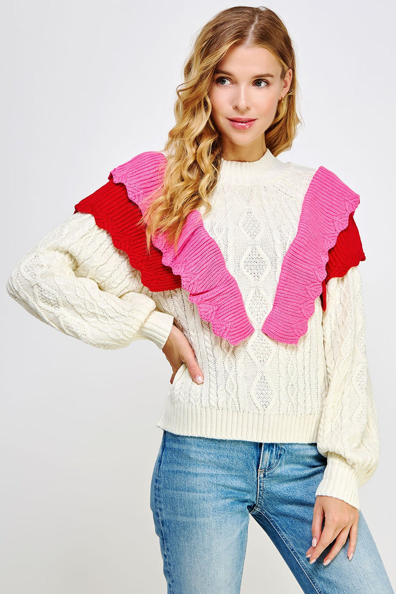Contrast Ruffled Accent Cable Knit Sweater