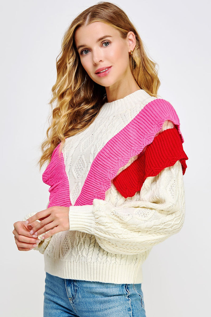 Contrast Ruffled Accent Cable Knit Sweater