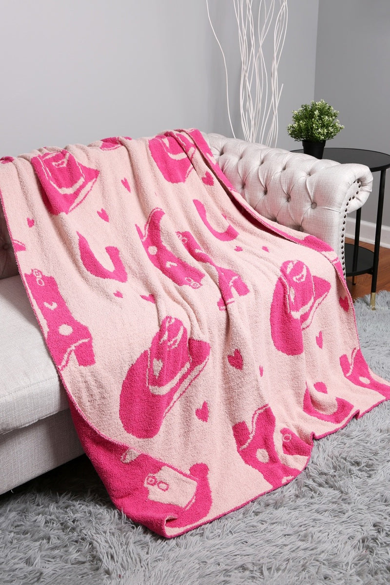 Reversible Cowboy hat Patterned Throw Blanket (FUCHSIA)