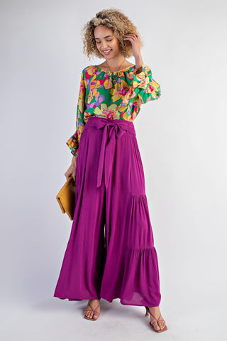 SMOCKED RUFFLE BOTTOM PALAZZO PANTS (FUCHSIA)