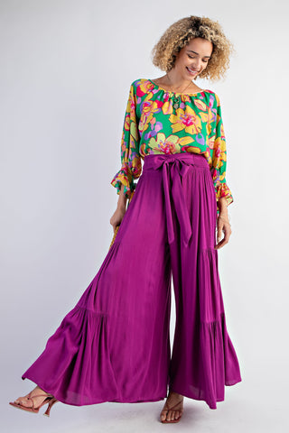 SMOCKED RUFFLE BOTTOM PALAZZO PANTS (FUCHSIA)