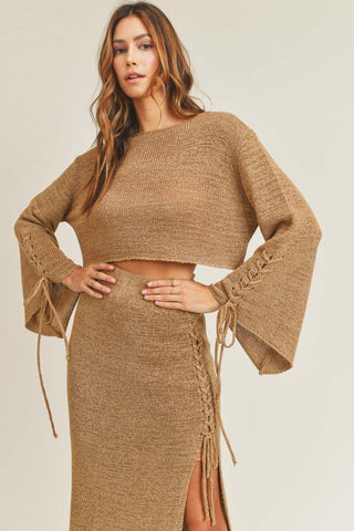 BRAID DETAIL KNIT CROP TOP AND MIDI SLIT SKIRT SET (MOCHA)