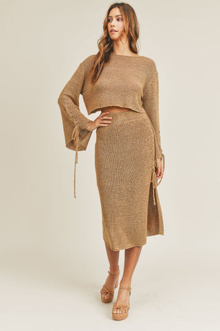 BRAID DETAIL KNIT CROP TOP AND MIDI SLIT SKIRT SET (MOCHA)