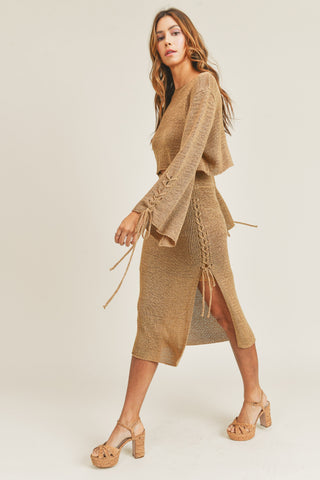 BRAID DETAIL KNIT CROP TOP AND MIDI SLIT SKIRT SET (MOCHA)