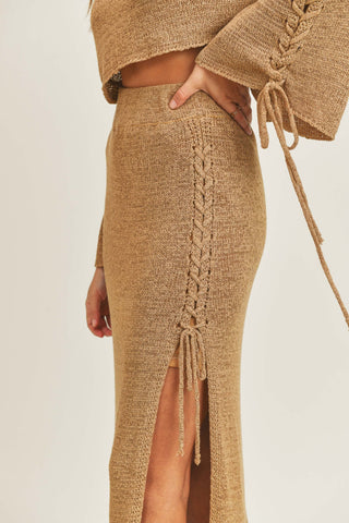 BRAID DETAIL KNIT CROP TOP AND MIDI SLIT SKIRT SET (MOCHA)