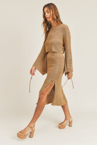 BRAID DETAIL KNIT CROP TOP AND MIDI SLIT SKIRT SET (MOCHA)