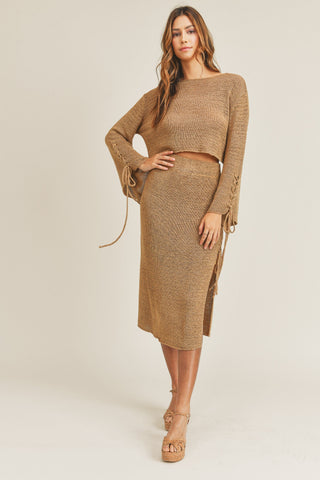 BRAID DETAIL KNIT CROP TOP AND MIDI SLIT SKIRT SET (MOCHA)