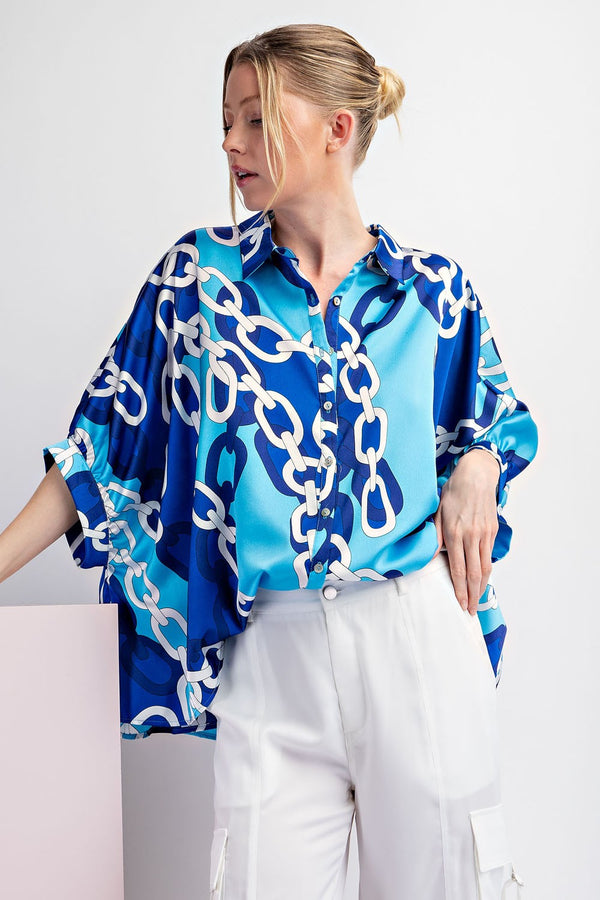 BALLOON SLEEVE FLORAL PRINTED WOVEN TOP (Blue)