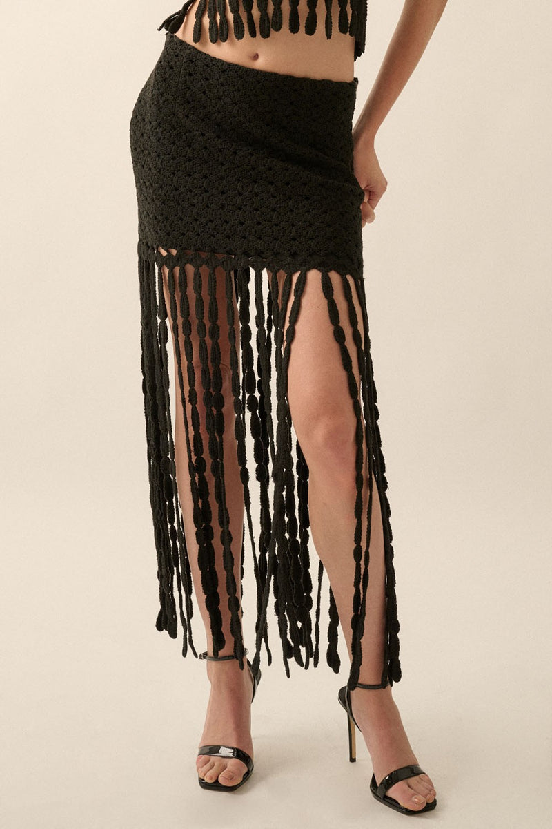 Solid Crochet Eyelet-Knit Fringe Maxi Skirt (Black)