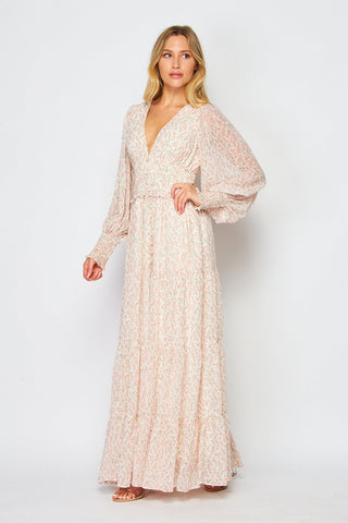 Floral Print Long Sleeve V-Neck Maxi Dress