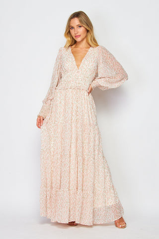 Floral Print Long Sleeve V-Neck Maxi Dress