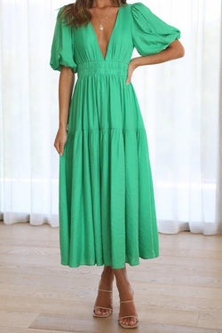 Solid V Neck Midi Dress (Green)