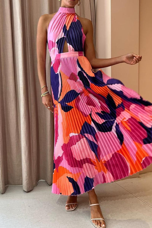Pleated Printed Halter Dress (Pink/Multi)