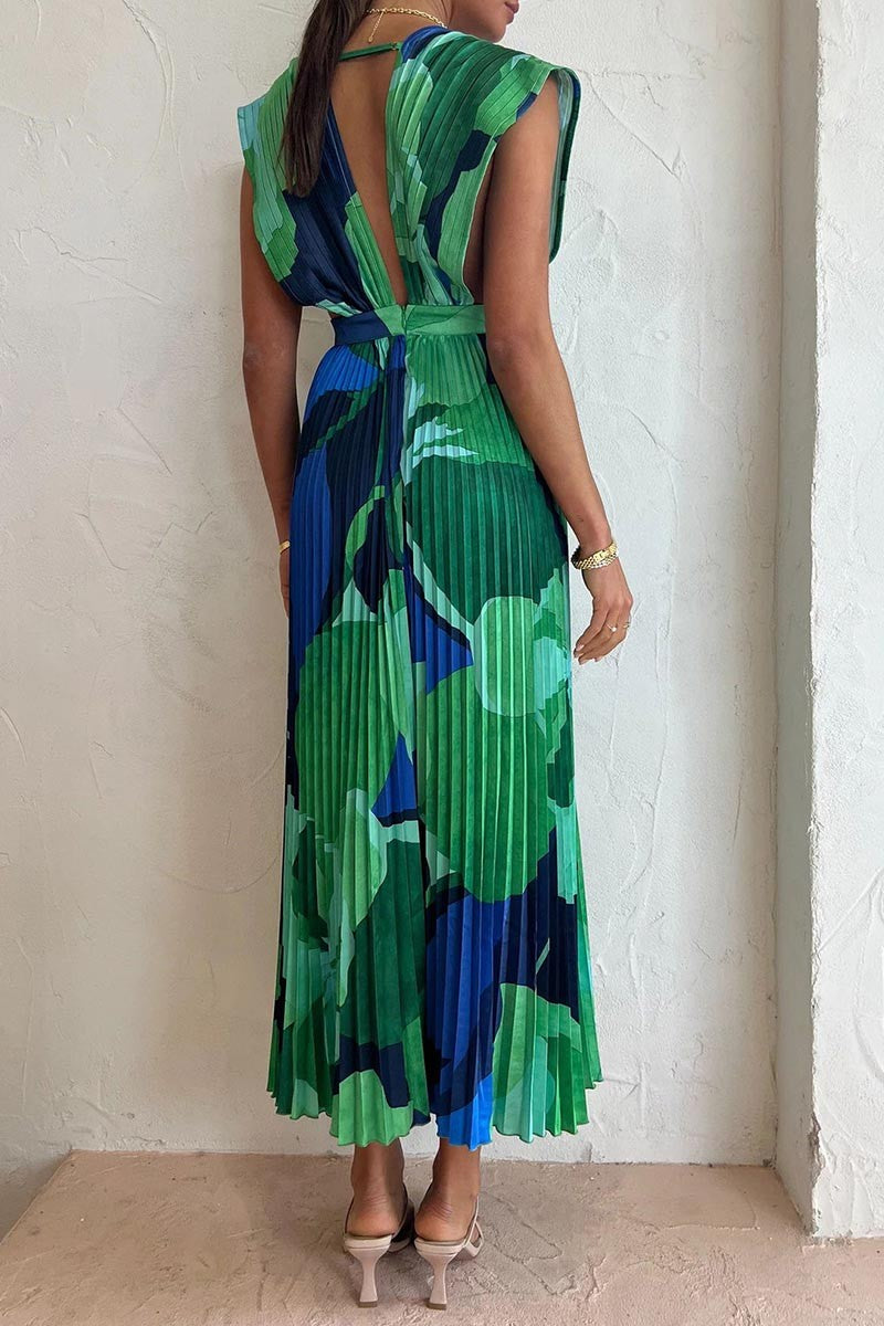 Printed Pleated Sleeveless Flare Dress (Green/Multi)