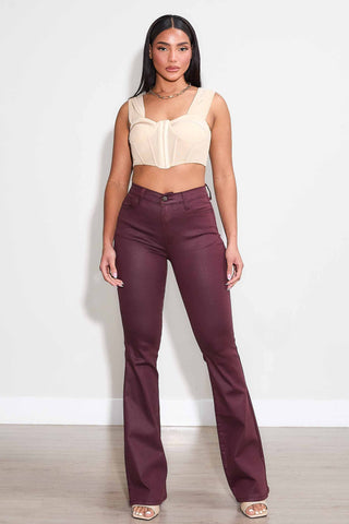 COATED BURGUNDY BOOT CUT PANTS (BURGUNDY)