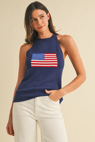 American Flag Halter Neck Sweater Top (NAVY)