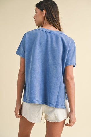 Mineral Washed Usa Patched Knit Top (BLUE)