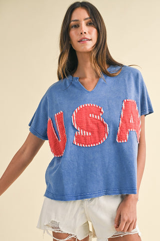 Mineral Washed Usa Patched Knit Top (BLUE)