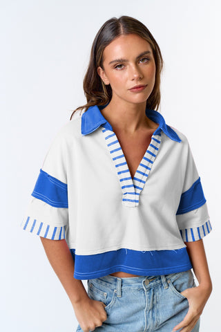 STRIPE FRENCH TERRY CROP POLO SHIRT TOP