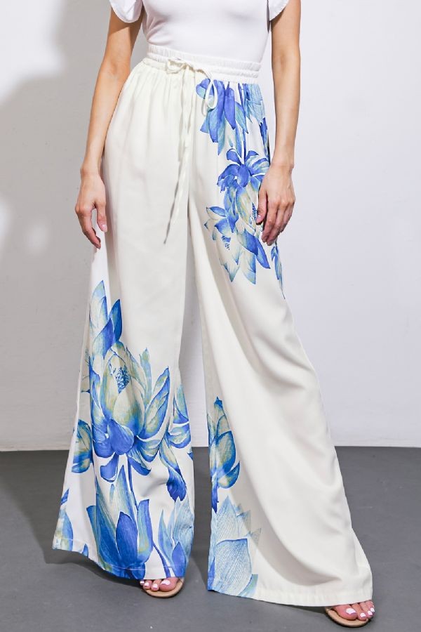 Floral Print (Ivory/Blue) Wide Leg Pant