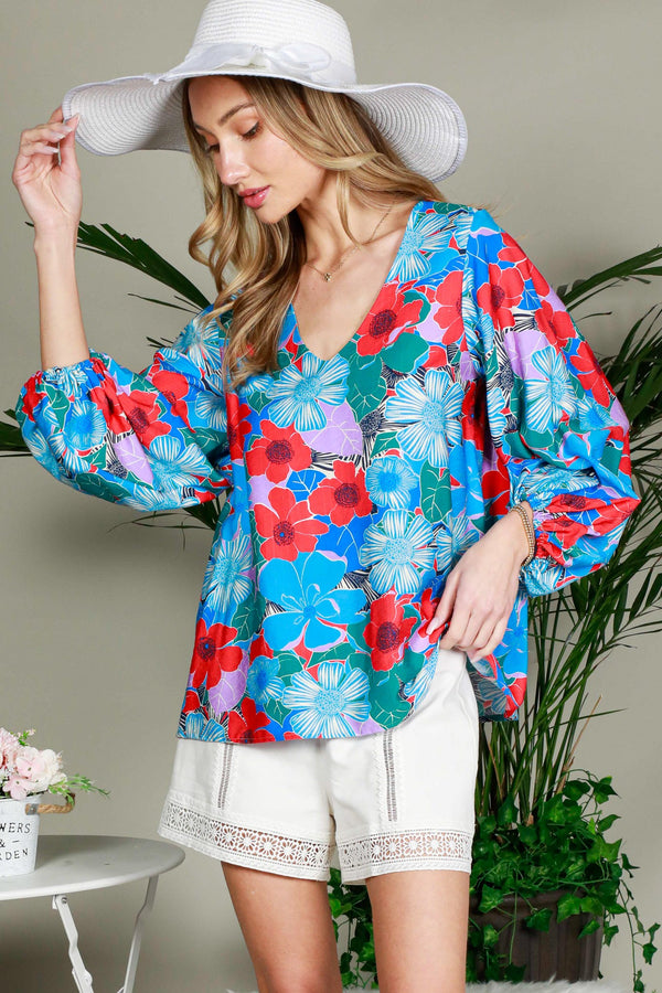 BALLOON SLEEVE FLORAL PRINTED WOVEN TOP (BLUE/MULTI)