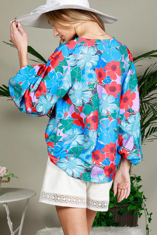 BALLOON SLEEVE FLORAL PRINTED WOVEN TOP (BLUE/MULTI)