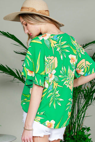 V-NECK RUFFLE SLEEVE (GREEN) FLORAL PRINTED WOVEN TOP