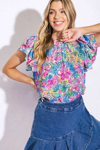 Ruffle Shoulder Printed Blouse