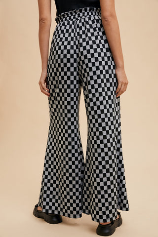 CHECKERBOARD KNIT WIDE LEG PANTS