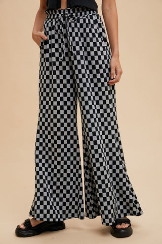 CHECKERBOARD KNIT WIDE LEG PANTS