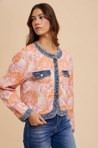 FLORAL JACQUARD DENIM CONTRAST JACKET (PINK/ORANGE)