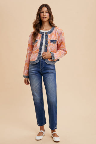 FLORAL JACQUARD DENIM CONTRAST JACKET (PINK/ORANGE)