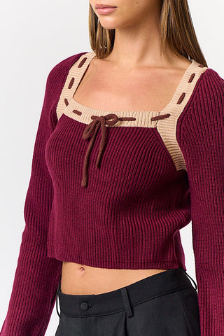 CONTRAST CROP SWEATER (BURGUNDY)