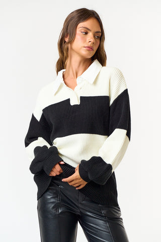 STRIPE OVERSIZED POLO SWEATER TOP (BLACK)