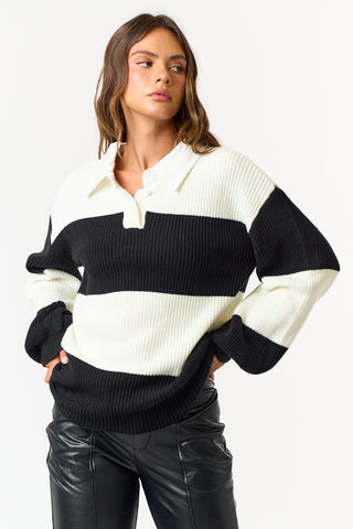 STRIPE OVERSIZED POLO SWEATER TOP (BLACK)