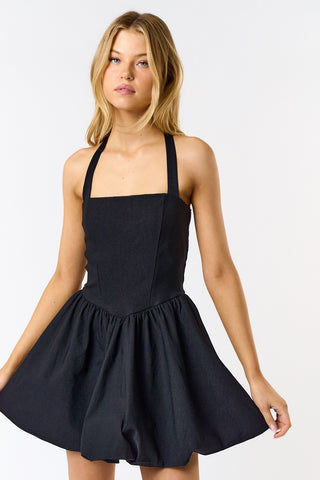 Mini Halter Bubble Hem Dress Black