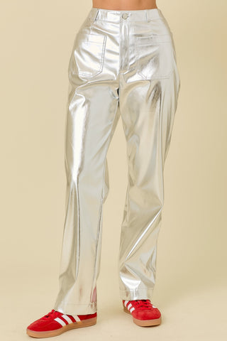 METALLIC PU LONG STRAIGHT PANTS WITH POCKETS