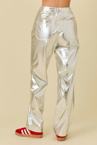 METALLIC PU LONG STRAIGHT PANTS WITH POCKETS