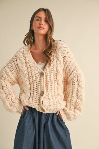 CHUNKY KNIT BUTTON DETAILED OVERSIZED CARDIGAN