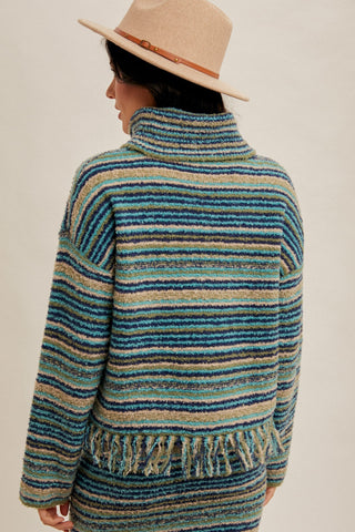 FRINGE TURTLE NECK SWEATER (BLUE/MULTI)