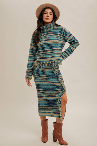 FRINGE TURTLE NECK SWEATER (BLUE/MULTI)