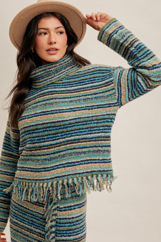 FRINGE TURTLE NECK SWEATER (BLUE/MULTI)